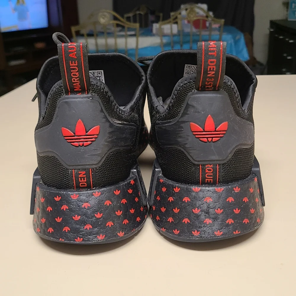 Adidas NMD R1 Black Scarlet Trefoil casual running sneakers size 13